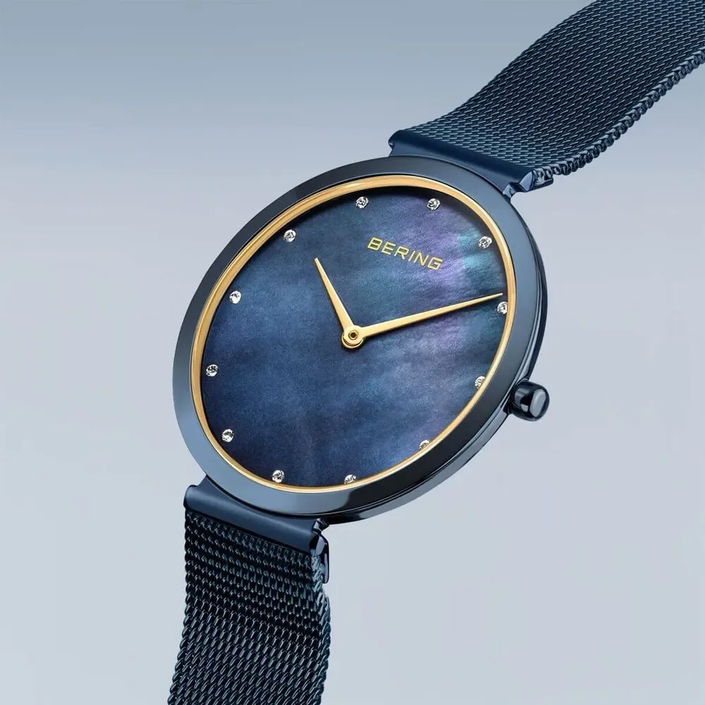 Bering 18132-399 Women’s 32mm Blue MOP Dial Crystal Accent Watch NEW